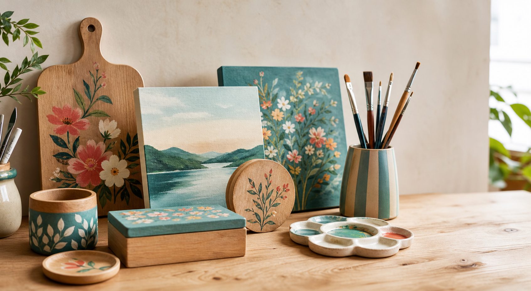 Hand-painted craft pieces and painting tools arranged on an artisan worktable