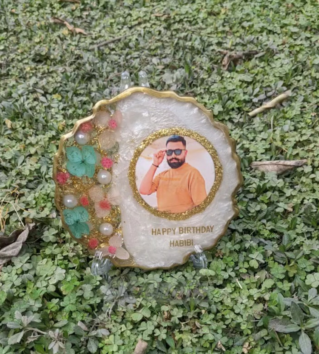Custom Resin Photo Plaque with Gold Glitter