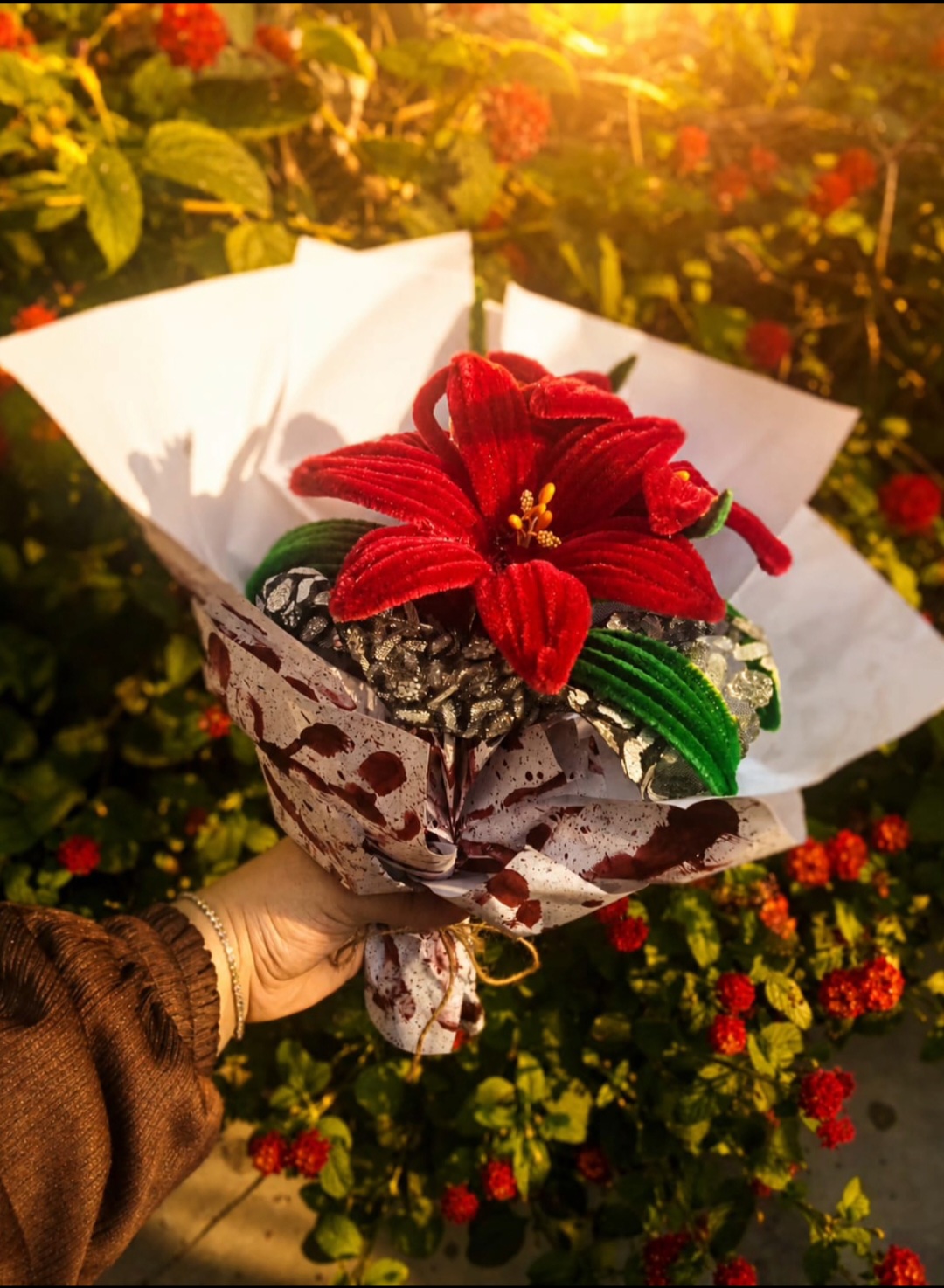 Handmade Red Velvet Lily Bouquet